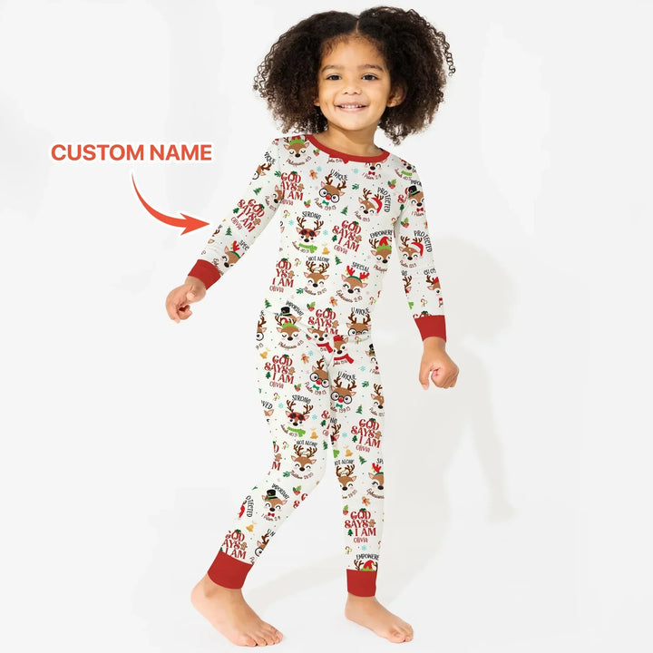 Santa’s Reindeer God Says I Am Custom Name Two Piece Long Sleeve Pajama Set , Santa’s Reindeer God Says I Am Custom Name Two Piece Long Sleeve Pajama Set - 12-18M