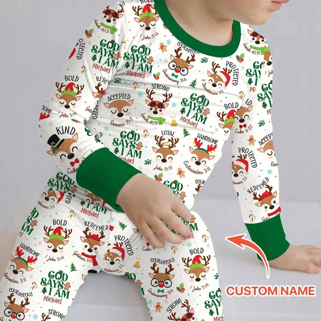 Santa’s Reindeer God Says I Am Custom Name Two Piece Long Sleeve Pajama Set , Santa’s Reindeer God Says I Am Custom Name Two Piece Long Sleeve Pajama Set - 12-18M