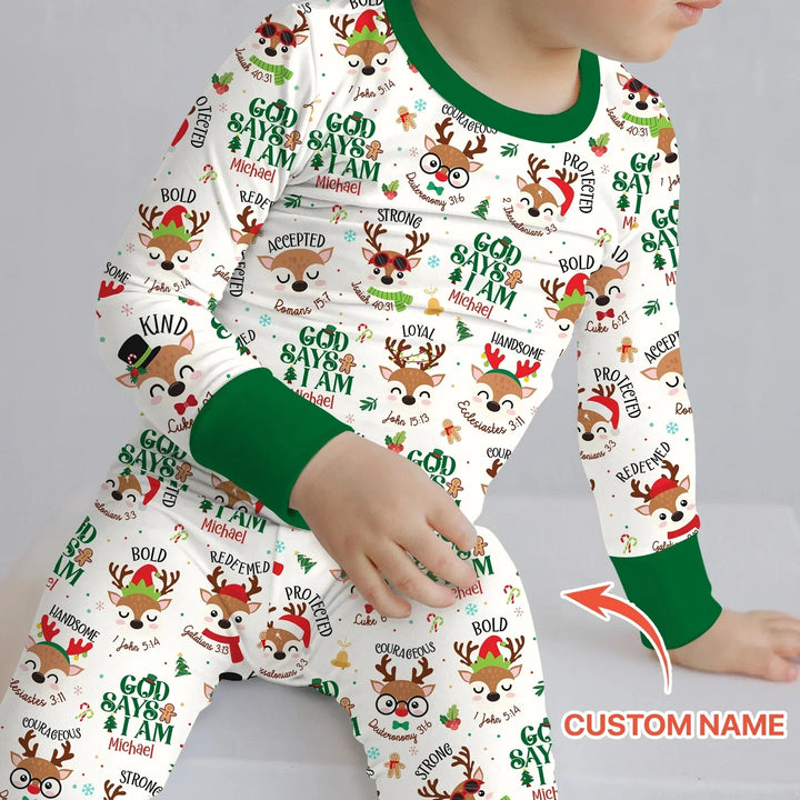 Santa’s Reindeer God Says I Am Custom Name Two Piece Long Sleeve Pajama Set , Santa’s Reindeer God Says I Am Custom Name Two Piece Long Sleeve Pajama Set - 12-18M