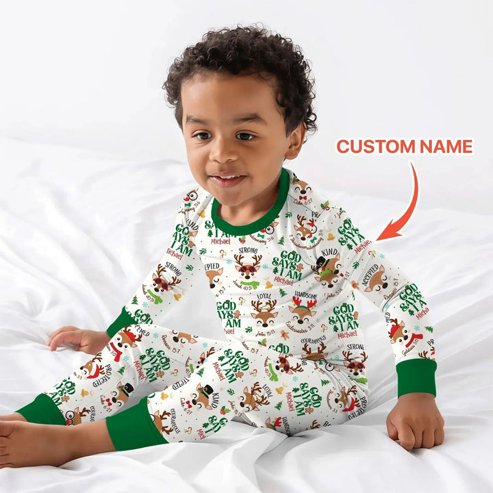 Santa’s Reindeer God Says I Am Custom Name Two Piece Long Sleeve Pajama Set , Santa’s Reindeer God Says I Am Custom Name Two Piece Long Sleeve Pajama Set - 12-18M