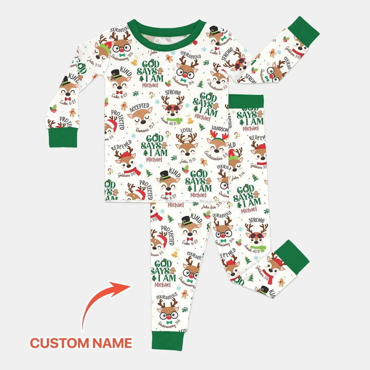 Santa’s Reindeer God Says I Am Custom Name Two Piece Long Sleeve Pajama Set , Santa’s Reindeer God Says I Am Custom Name Two Piece Long Sleeve Pajama Set - 12-18M