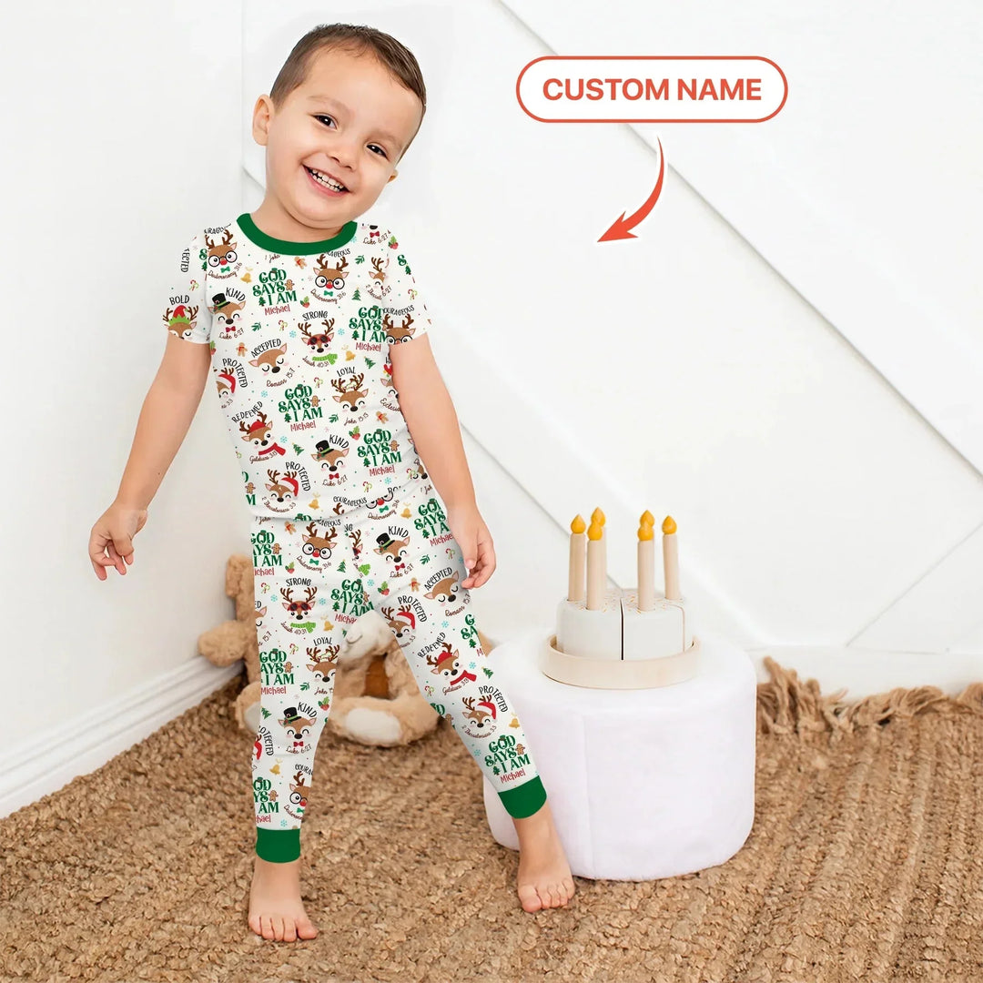 Santa’s Reindeer God Says I Am Custom Name Two Piece Short Sleeve Pajama Set , Santa’s Reindeer God Says I Am Custom Name Two Piece Short Sleeve Pajama Set - 12-18M