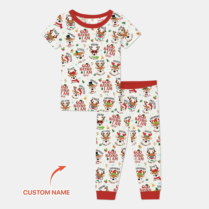 Santa’s Reindeer God Says I Am Custom Name Two Piece Short Sleeve Pajama Set , Santa’s Reindeer God Says I Am Custom Name Two Piece Short Sleeve Pajama Set - 12-18M