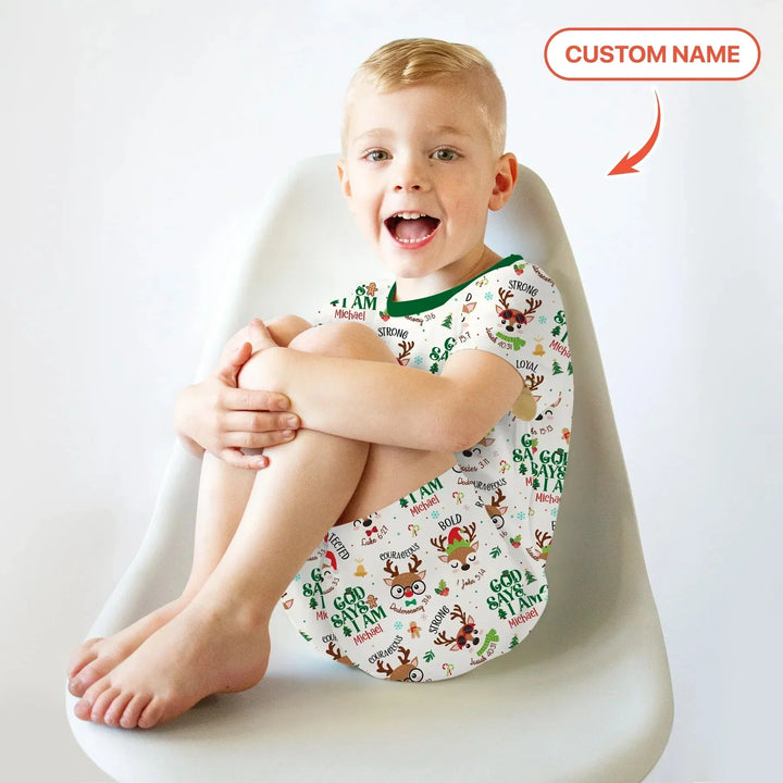 Santa’s Reindeer God Says I Am Custom Name Two Piece Short Sleeve Shorts Pajama Set , Santa’s Reindeer God Says I Am Custom Name Two Piece Short Sleeve Shorts Pajama Set - 12-18M