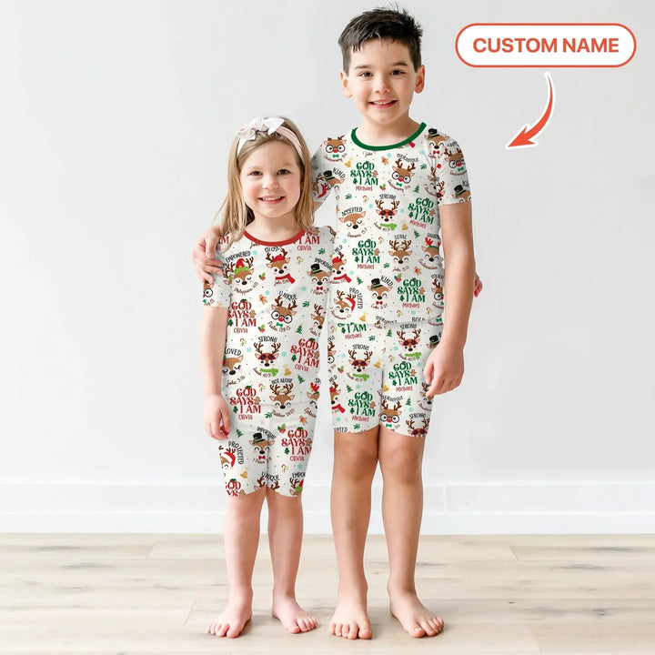 Santa’s Reindeer God Says I Am Custom Name Two Piece Short Sleeve Shorts Pajama Set , Santa’s Reindeer God Says I Am Custom Name Two Piece Short Sleeve Shorts Pajama Set - 12-18M