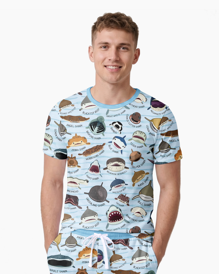 Shark Faces Bamboo Men Short Sleeve Short Pajama Set