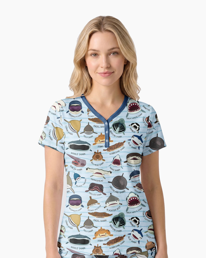 Shark Faces Bamboo Women Short Sleeve Short Pajama Set
