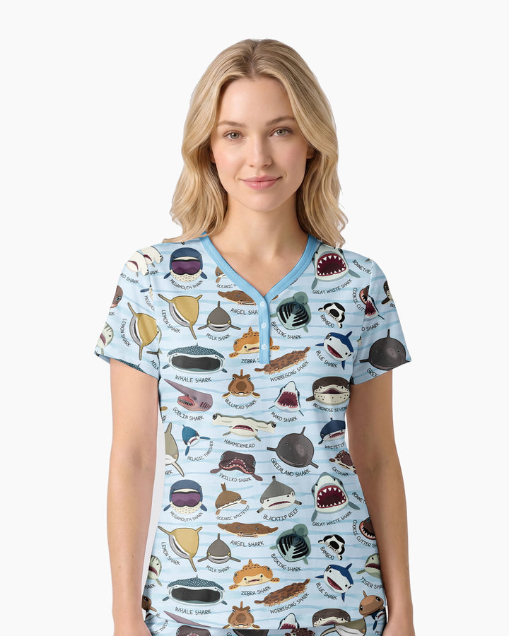 Shark Faces Bamboo Women Short Sleeve Short Pajama Set