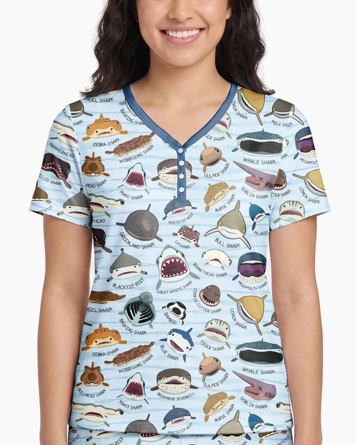 Shark Faces Bamboo Women Short Sleeve Short Pajama Set