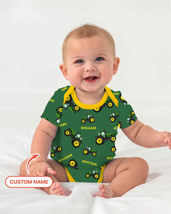 Custom Name Green Tractors Matching Daddy & Me Bamboo Bodysuit