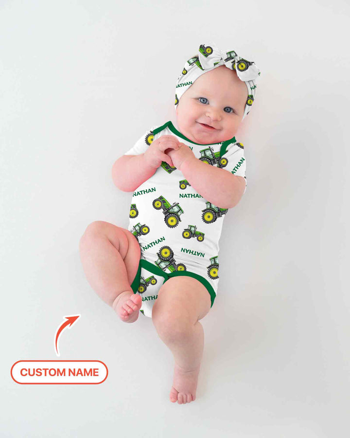 Custom Name Green Tractors Matching Daddy & Me Bamboo Bodysuit
