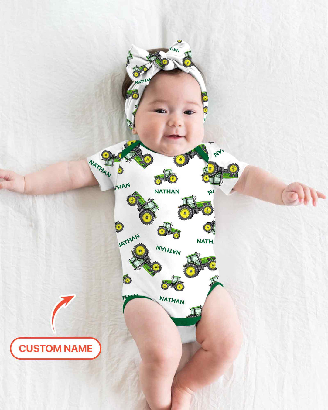 Custom Name Green Tractors Matching Daddy & Me Bamboo Bodysuit