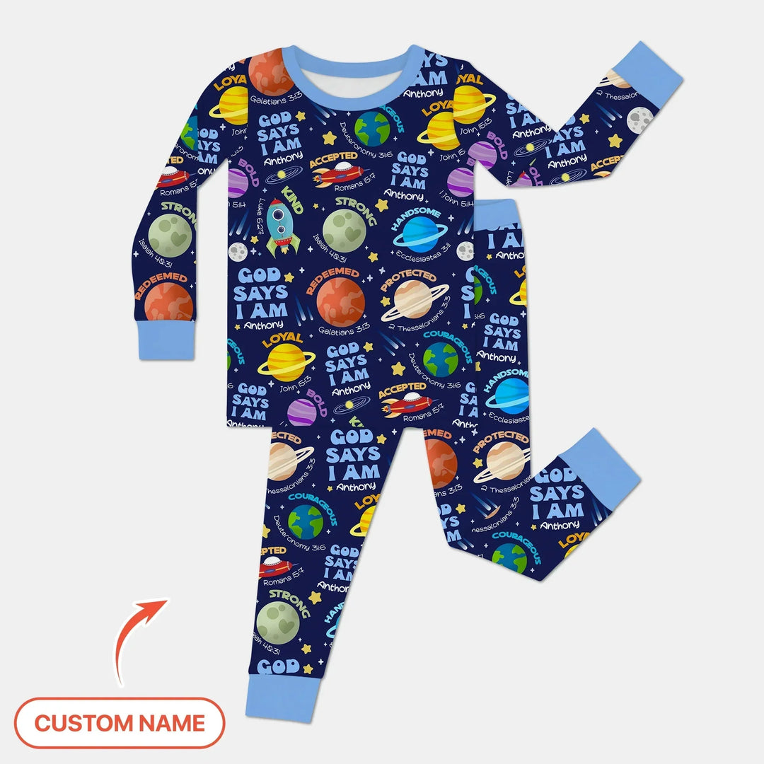 Space God Says I Am Custom Name Two Piece Long Sleeve Pajama Set , Space God Says I Am Custom Name Two Piece Long Sleeve Pajama Set - 12-18M