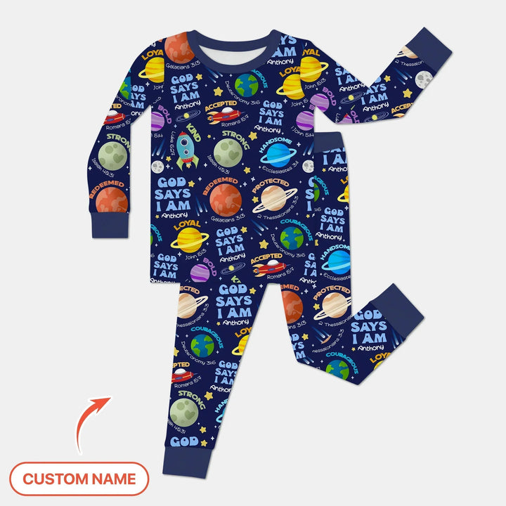 Space God Says I Am Custom Name Two Piece Long Sleeve Pajama Set , Space God Says I Am Custom Name Two Piece Long Sleeve Pajama Set - 12-18M