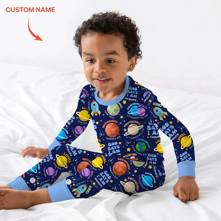 Space God Says I Am Custom Name Two Piece Long Sleeve Pajama Set , Space God Says I Am Custom Name Two Piece Long Sleeve Pajama Set - 12-18M