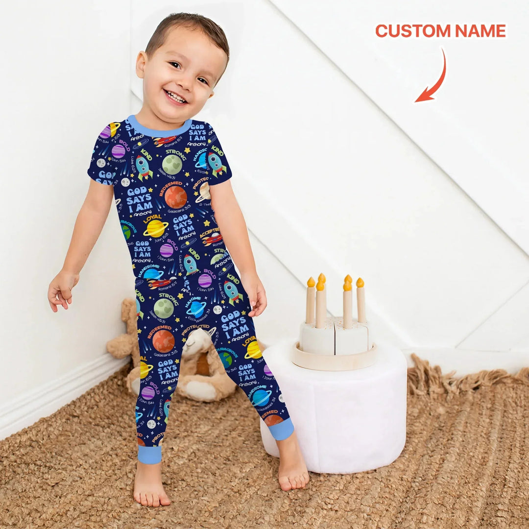 Space God Says I Am Custom Name Two Piece Short Sleeve Pajama Set , Space God Says I Am Custom Name Two Piece Short Sleeve Pajama Set - 12-18M