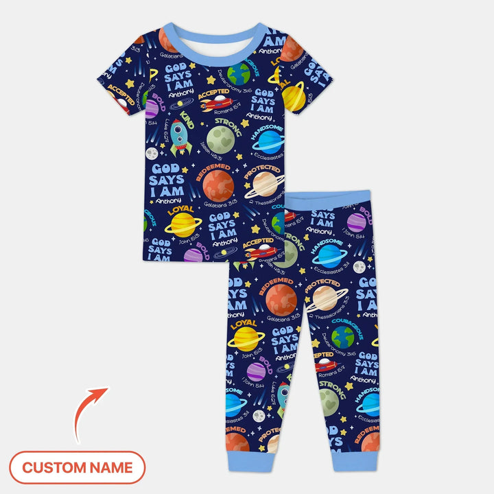Space God Says I Am Custom Name Two Piece Short Sleeve Pajama Set , Space God Says I Am Custom Name Two Piece Short Sleeve Pajama Set - 12-18M