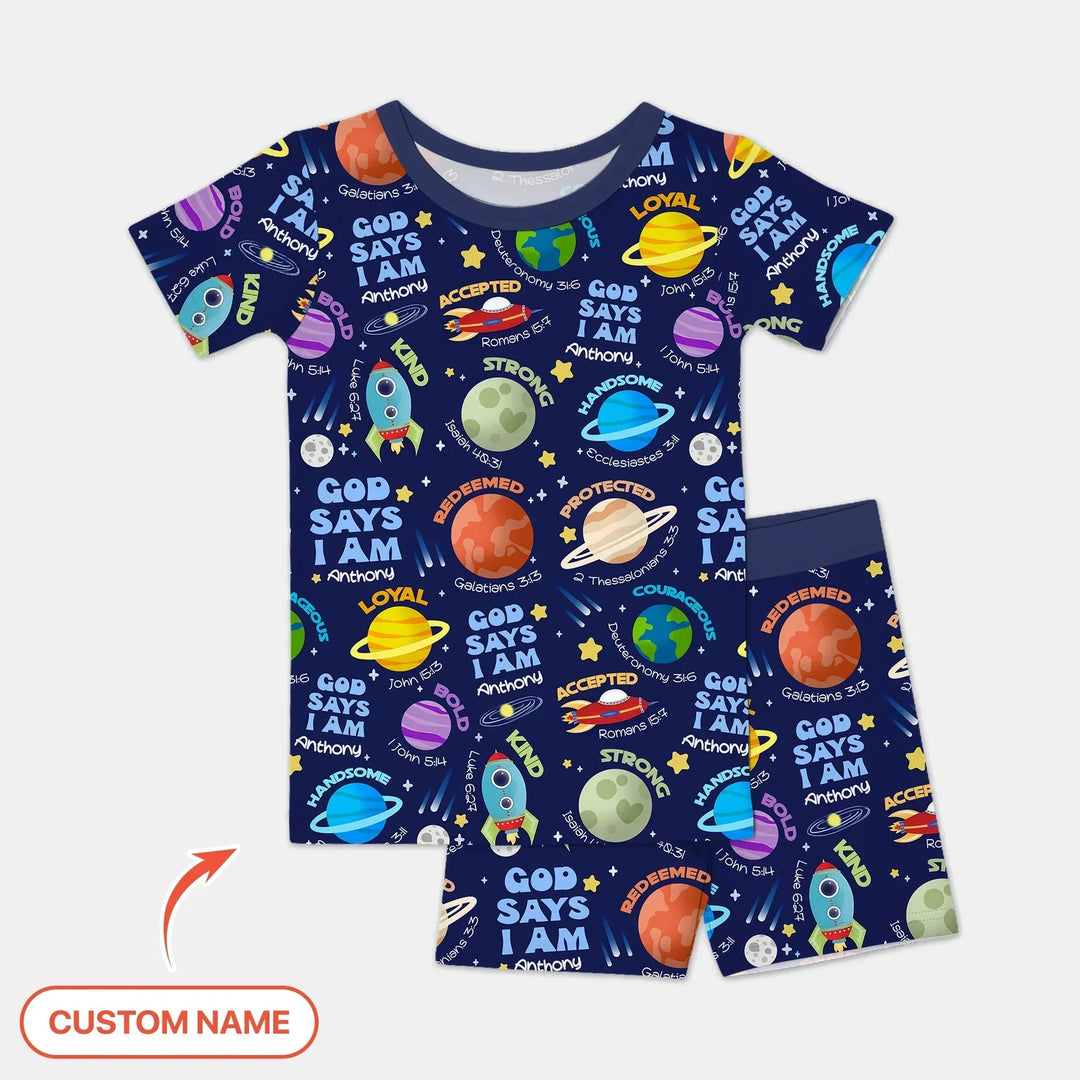 Space God Says I Am Custom Name Two Piece Short Sleeve Shorts Pajama Set , Space God Says I Am Custom Name Two Piece Short Sleeve Shorts Pajama Set - 12-18M