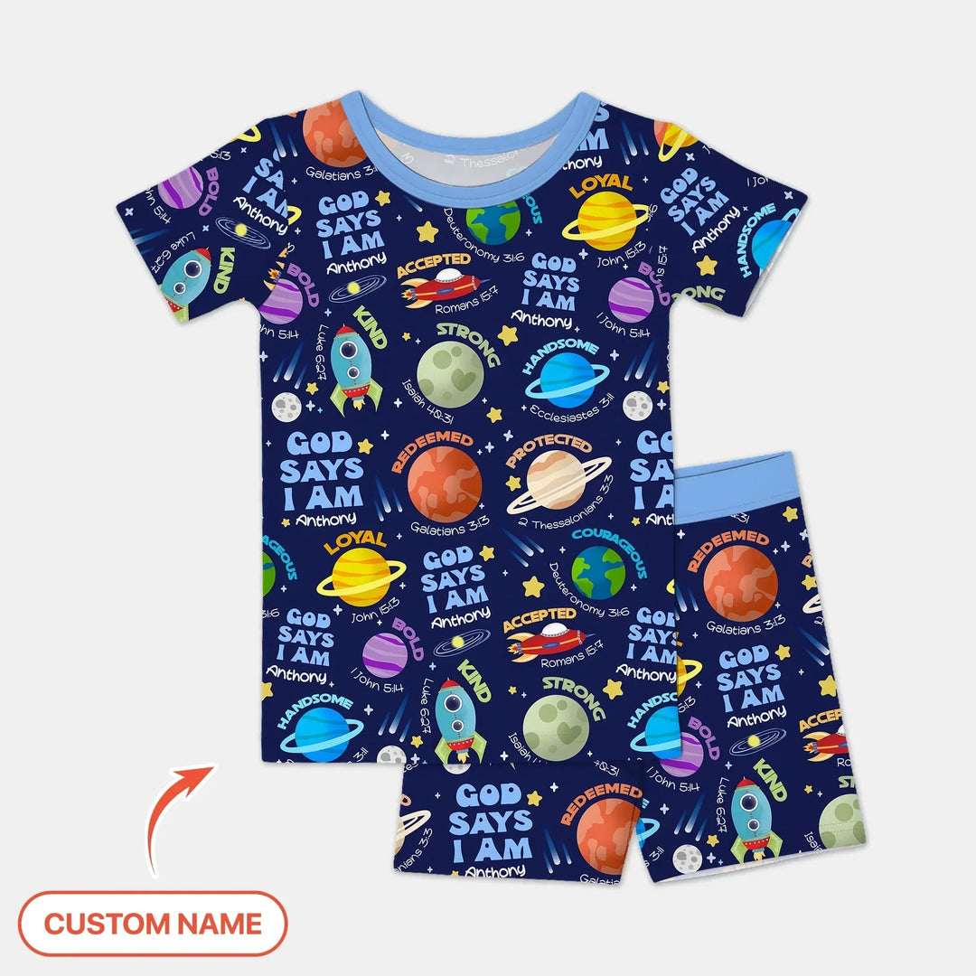 Space God Says I Am Custom Name Two Piece Short Sleeve Shorts Pajama Set , Space God Says I Am Custom Name Two Piece Short Sleeve Shorts Pajama Set - 12-18M