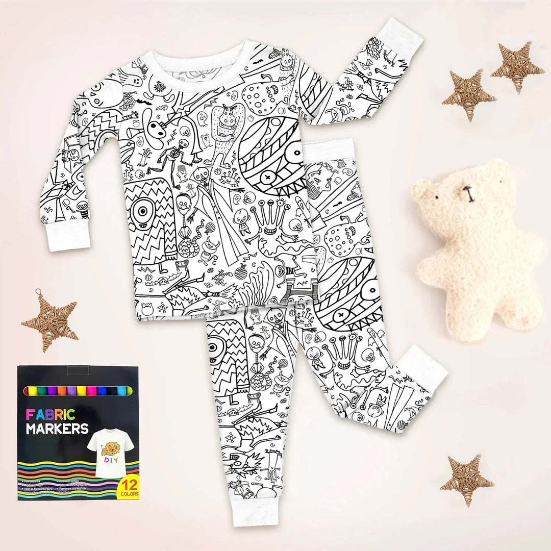 Spooky DIY Monster Colorable Halloween Two Piece Long Sleeve Pajama Set , Spooky DIY Monster Colorable Halloween Two Piece Long Sleeve Pajama Set - 3T