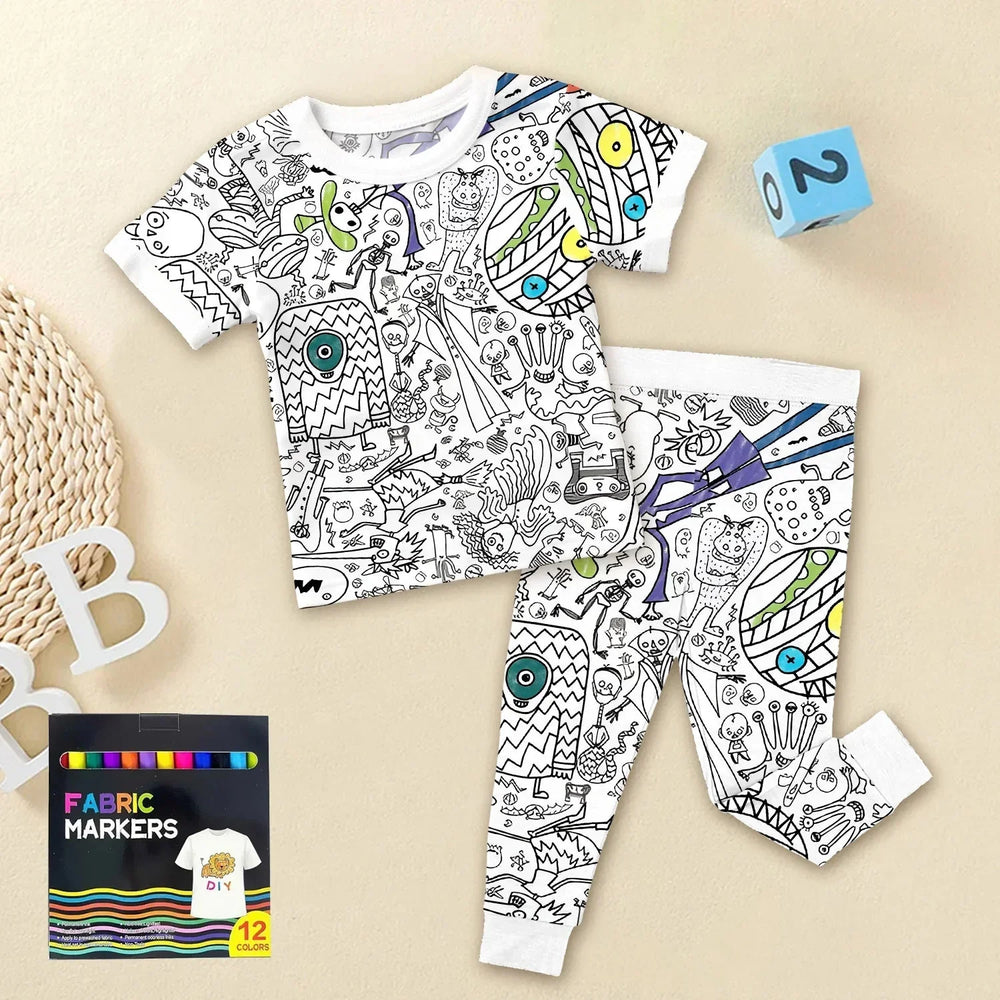 Spooky DIY Monster Colorable Halloween Two Piece Short Sleeve Pajama Set , Spooky DIY Monster Colorable Halloween Two Piece Short Sleeve Pajama Set - 3T