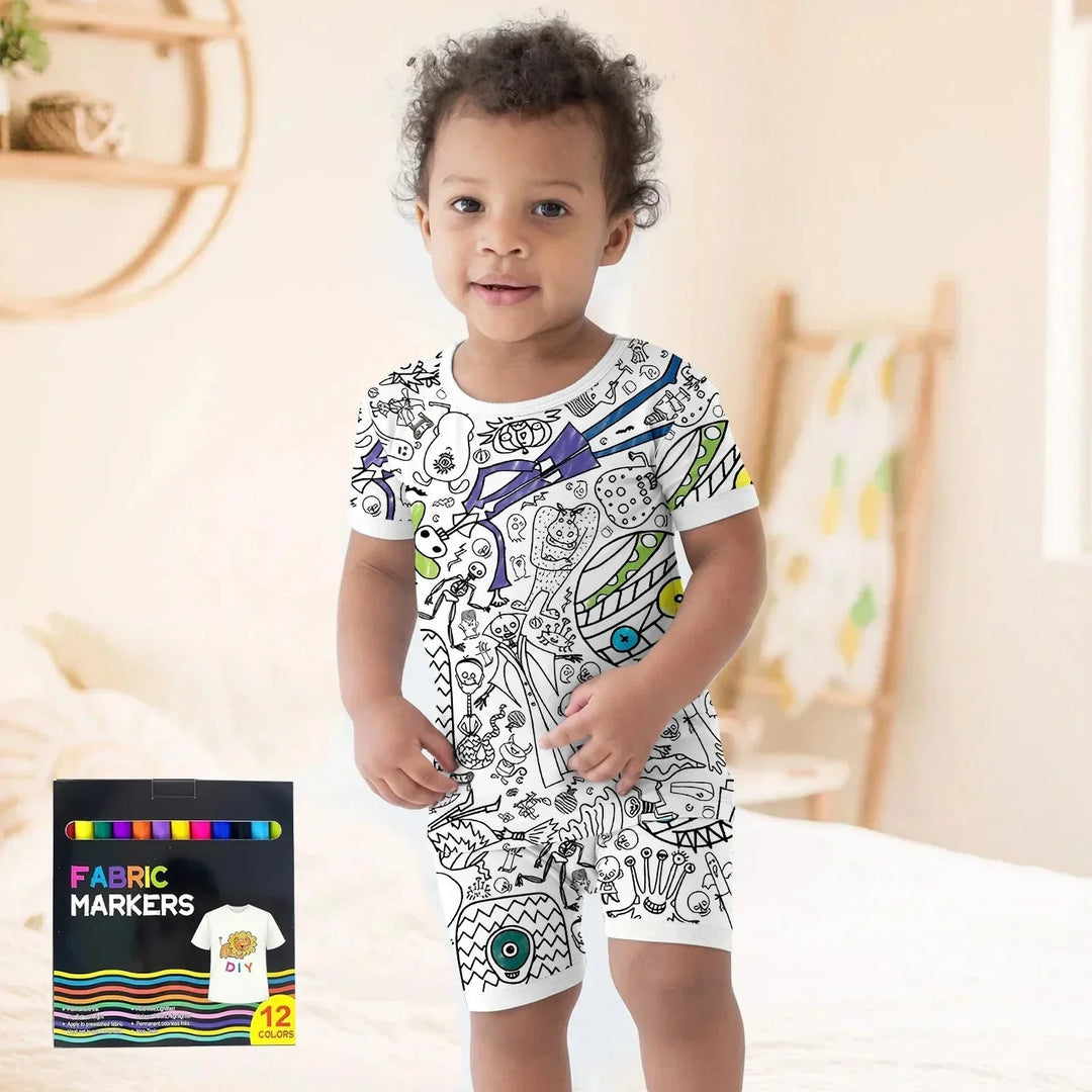 Spooky DIY Monster Colorable Halloween Two Piece Short Sleeve Shorts Pajama Set , Spooky DIY Monster Colorable Halloween Two Piece Short Sleeve Shorts Pajama Set - 3T
