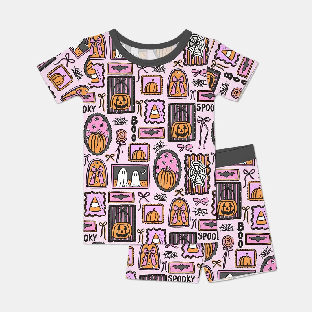 Spooky Frames Two Piece Short Sleeve Shorts Pajama Set For Halloween , Spooky Frames Two Piece Short Sleeve Shorts Pajama Set For Halloween - 12-18M