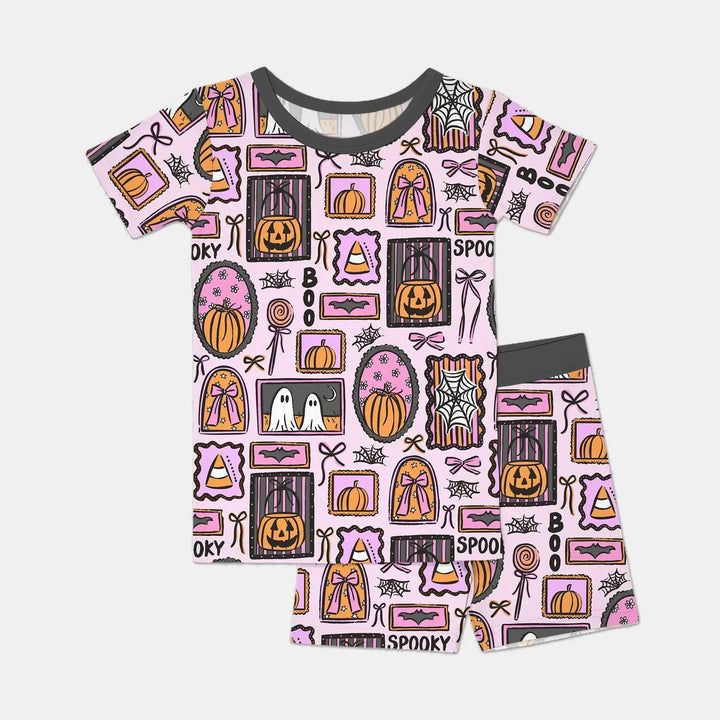Spooky Frames Two Piece Short Sleeve Shorts Pajama Set For Halloween , Spooky Frames Two Piece Short Sleeve Shorts Pajama Set For Halloween - 12-18M