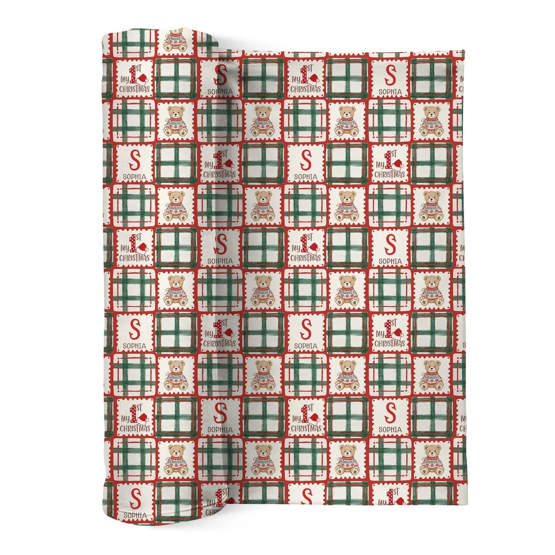 Custom Name Teddy Bear Gingham My 1st Christmas Bamboo Swaddle Blanket
