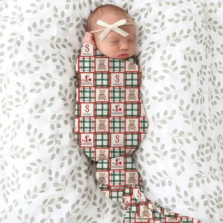 Custom Name Teddy Bear Gingham My 1st Christmas Bamboo Swaddle Blanket