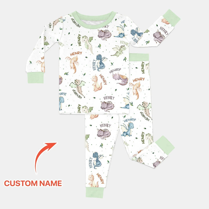 Sweet Baby Dragons Custom Name Two Piece Long Sleeve Pajama Set , Sweet Baby Dragons Custom Name Two Piece Long Sleeve Pajama Set - 12-18M