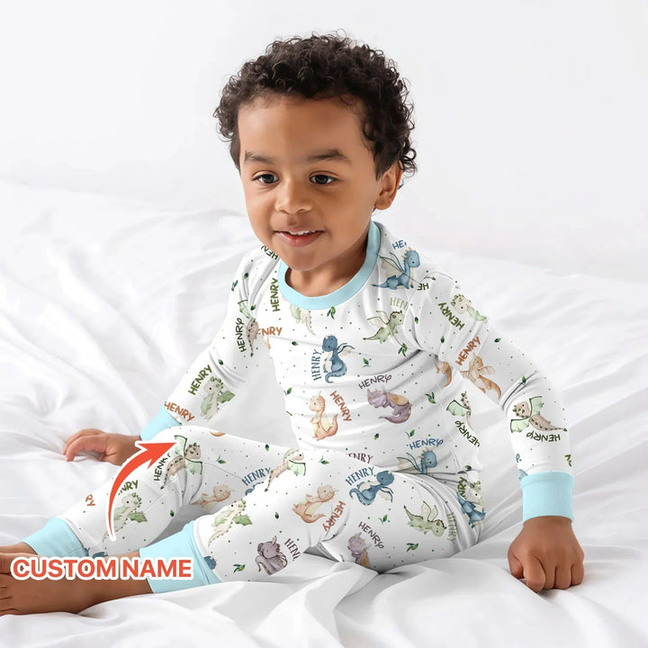 Sweet Baby Dragons Custom Name Two Piece Long Sleeve Pajama Set , Sweet Baby Dragons Custom Name Two Piece Long Sleeve Pajama Set - 12-18M