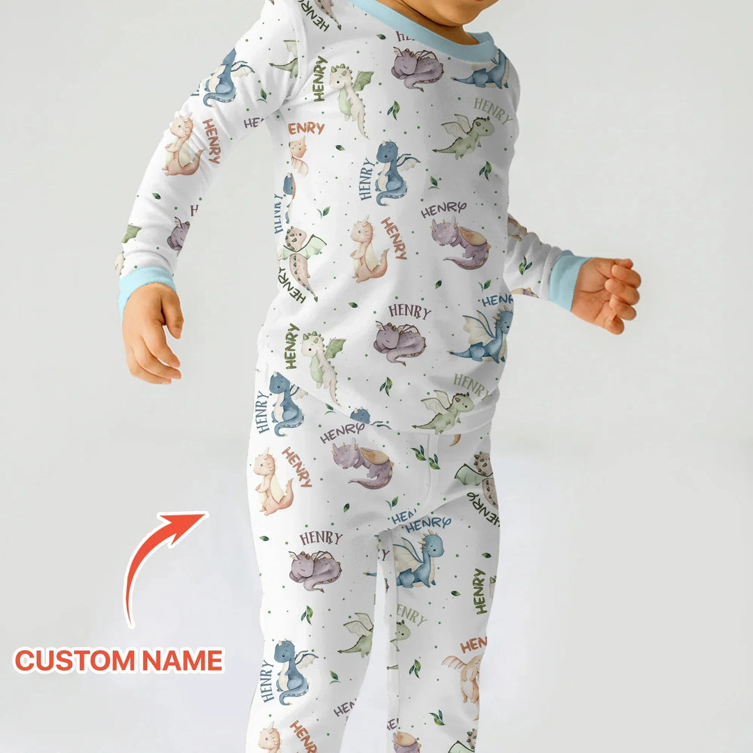 Sweet Baby Dragons Custom Name Two Piece Long Sleeve Pajama Set , Sweet Baby Dragons Custom Name Two Piece Long Sleeve Pajama Set - 12-18M