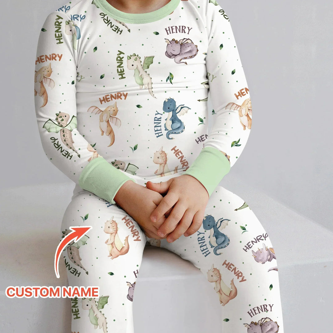 Sweet Baby Dragons Custom Name Two Piece Long Sleeve Pajama Set , Sweet Baby Dragons Custom Name Two Piece Long Sleeve Pajama Set - 12-18M