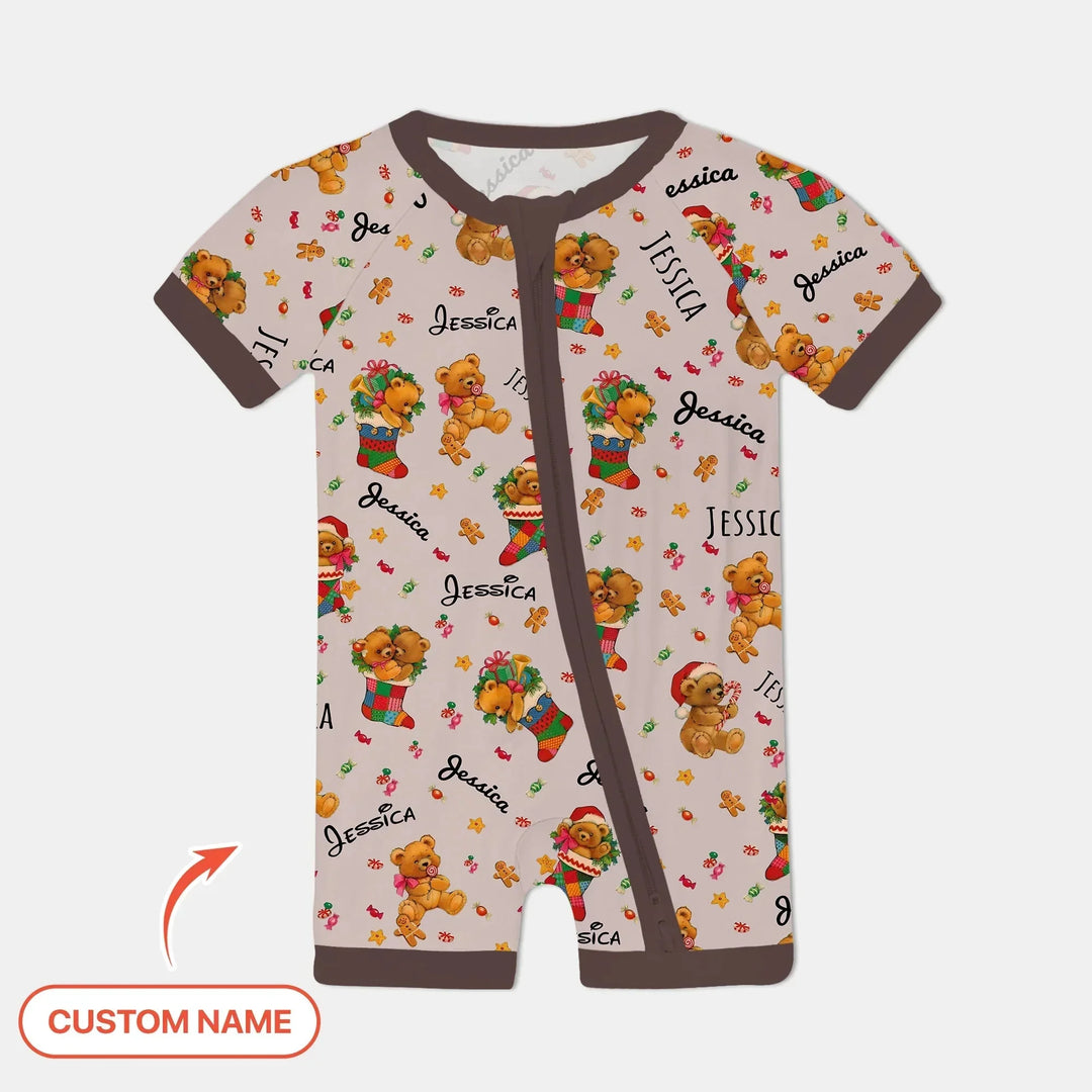 Teddy Bear Merry Christmas Custom Name Shorty Zippy , Teddy Bear Merry Christmas Custom Name Shorty Zippy - 0-3M