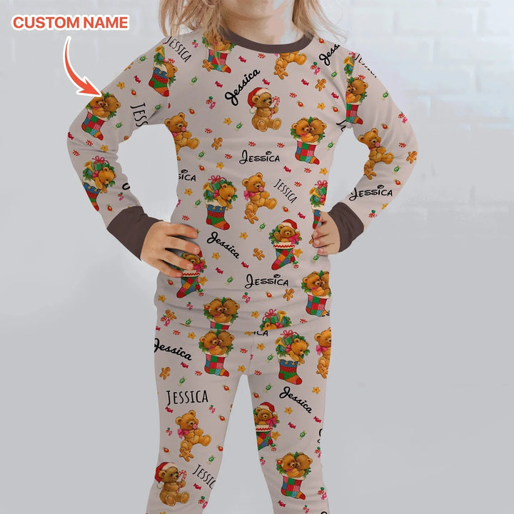 Teddy Bear Merry Christmas Custom Name Two Piece Long Sleeve Pajama Set , Teddy Bear Merry Christmas Custom Name Two Piece Long Sleeve Pajama Set - 12-18M