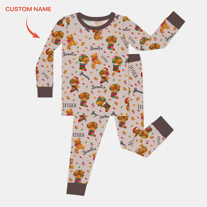 Teddy Bear Merry Christmas Custom Name Two Piece Long Sleeve Pajama Set , Teddy Bear Merry Christmas Custom Name Two Piece Long Sleeve Pajama Set - 12-18M