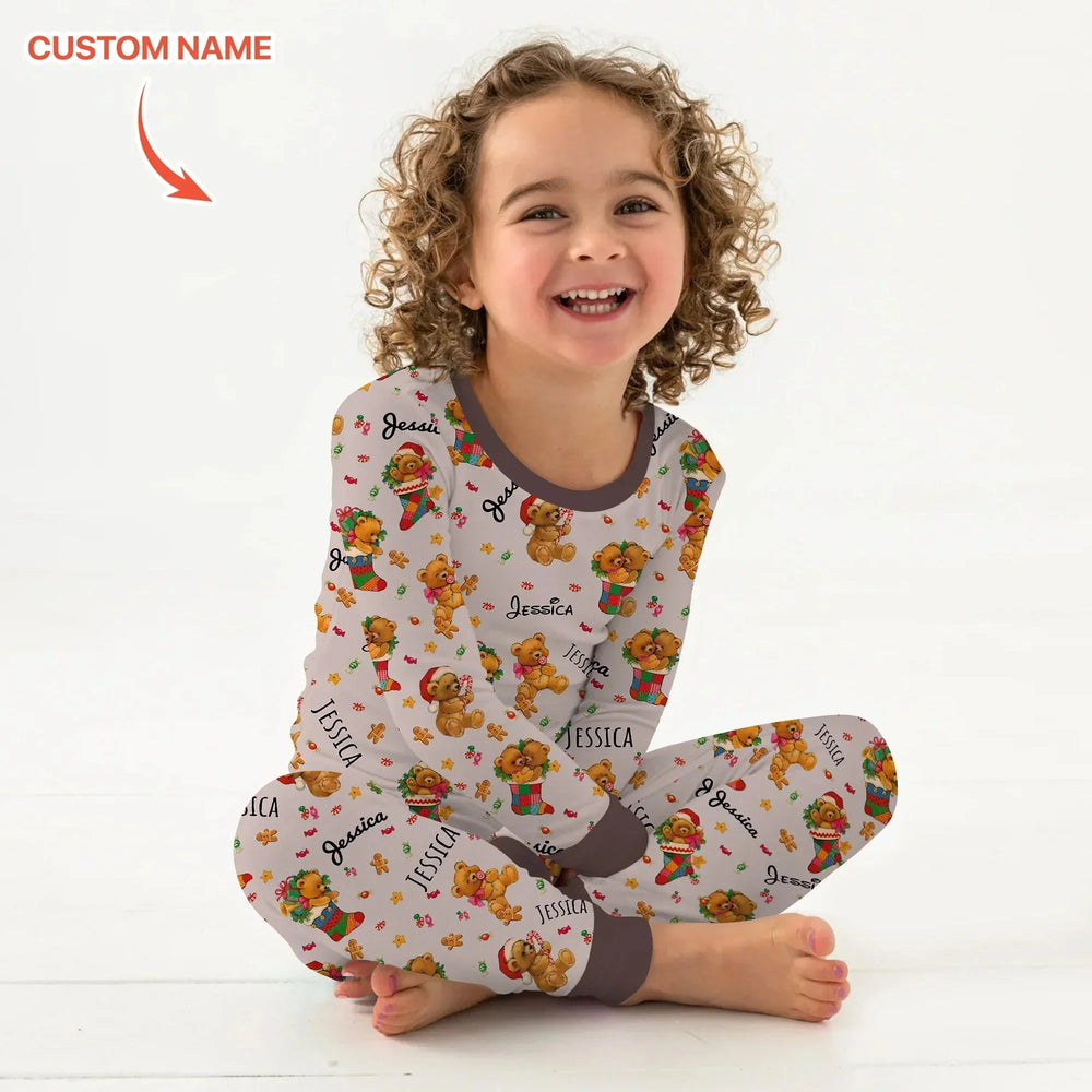 Teddy Bear Merry Christmas Custom Name Two Piece Long Sleeve Pajama Set , Teddy Bear Merry Christmas Custom Name Two Piece Long Sleeve Pajama Set - 12-18M