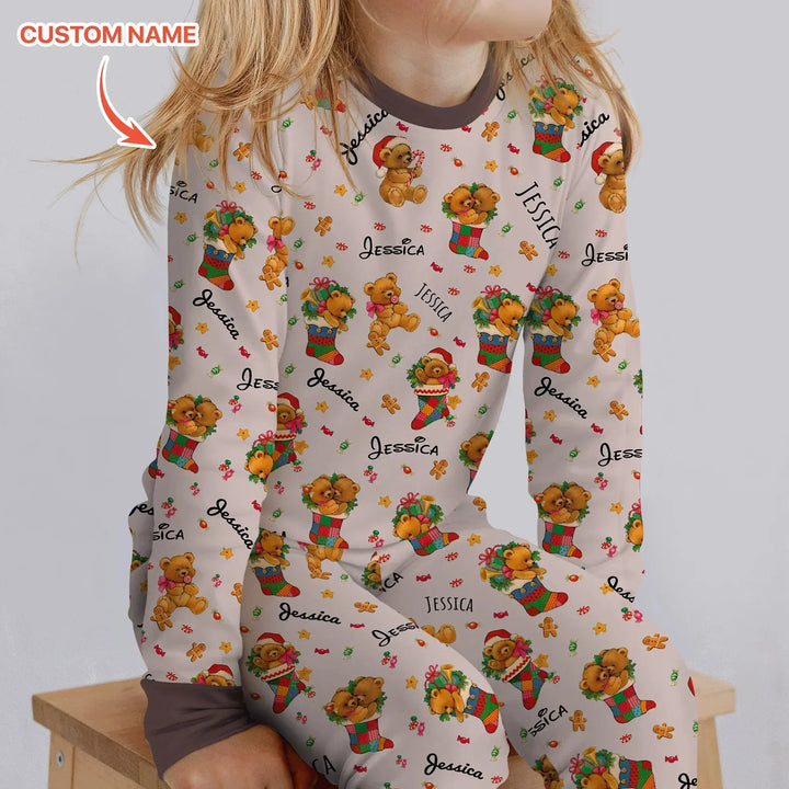 Teddy Bear Merry Christmas Custom Name Two Piece Long Sleeve Pajama Set , Teddy Bear Merry Christmas Custom Name Two Piece Long Sleeve Pajama Set - 12-18M