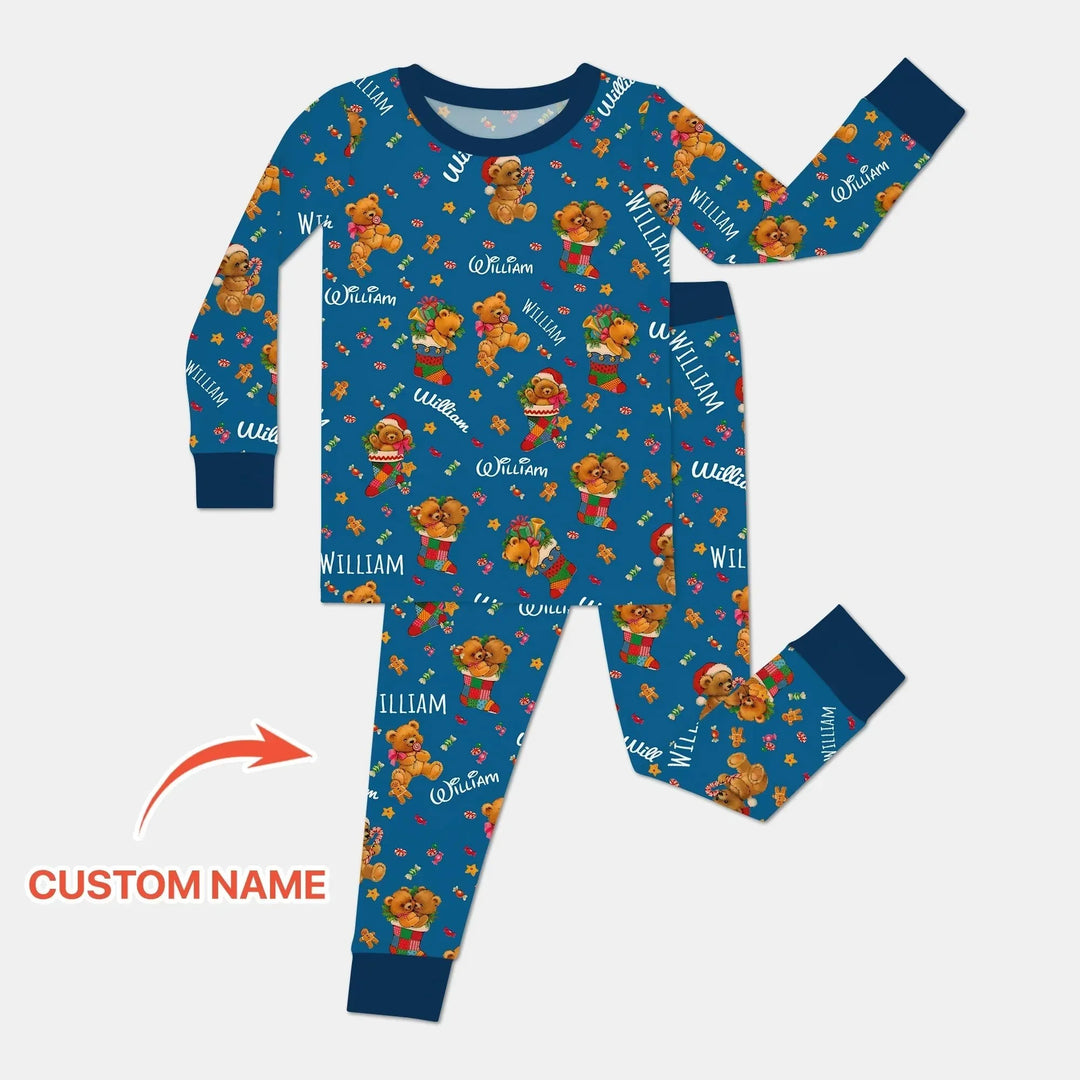 Teddy Bear Merry Christmas Custom Name Two Piece Long Sleeve Pajama Set , Teddy Bear Merry Christmas Custom Name Two Piece Long Sleeve Pajama Set - 12-18M