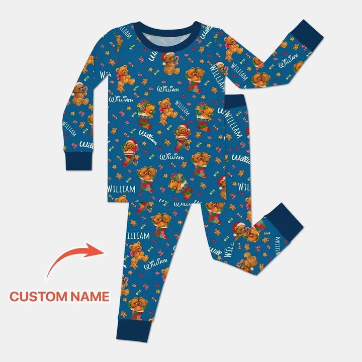 Teddy Bear Merry Christmas Custom Name Two Piece Long Sleeve Pajama Set , Teddy Bear Merry Christmas Custom Name Two Piece Long Sleeve Pajama Set - 12-18M