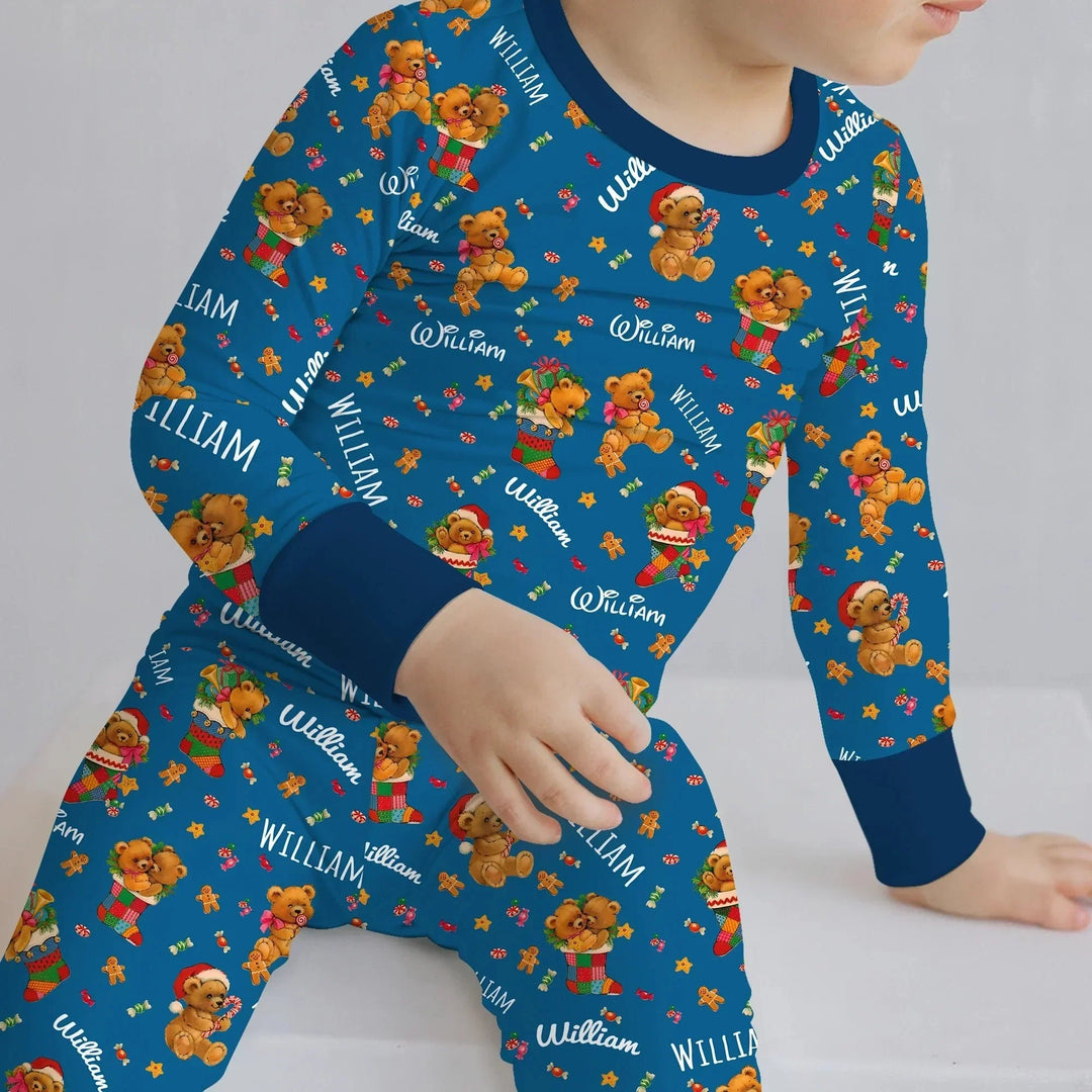 Teddy Bear Merry Christmas Custom Name Two Piece Long Sleeve Pajama Set , Teddy Bear Merry Christmas Custom Name Two Piece Long Sleeve Pajama Set - 12-18M