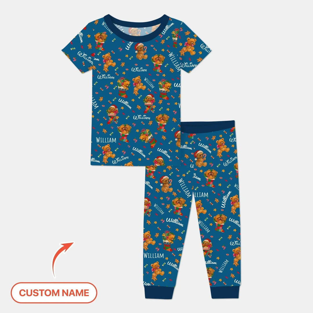 Teddy Bear Merry Christmas Custom Name Two Piece Short Sleeve Pajama Set , Teddy Bear Merry Christmas Custom Name Two Piece Short Sleeve Pajama Set - 12-18M