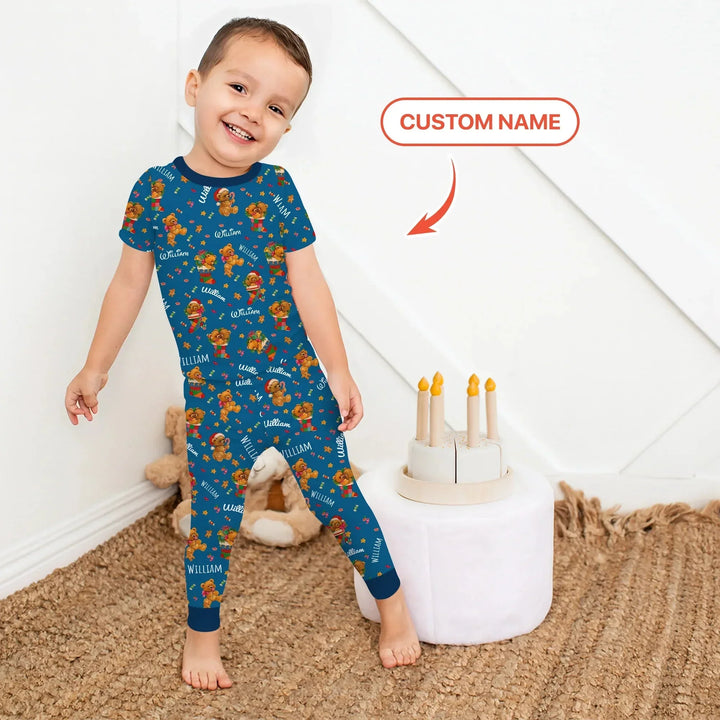 Teddy Bear Merry Christmas Custom Name Two Piece Short Sleeve Pajama Set , Teddy Bear Merry Christmas Custom Name Two Piece Short Sleeve Pajama Set - 12-18M
