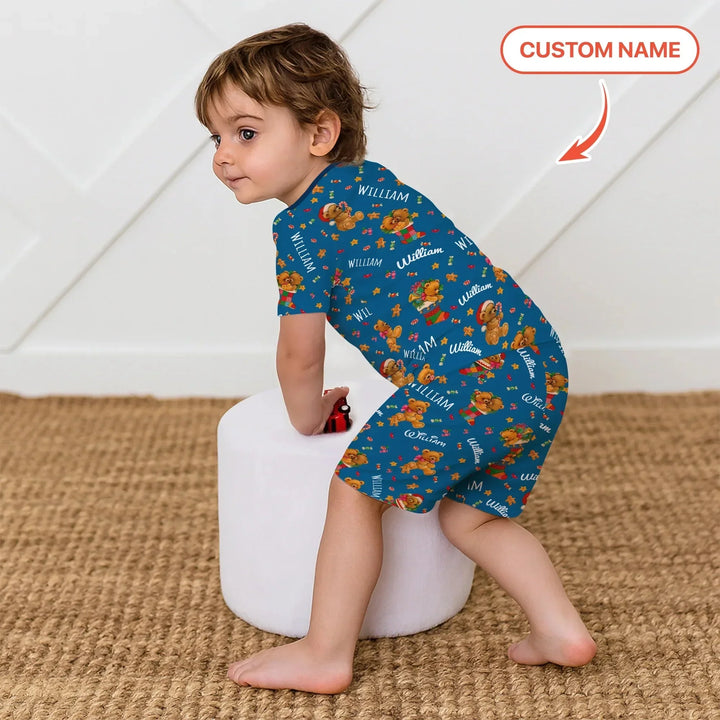 Teddy Bear Merry Christmas Custom Name Two Piece Short Sleeve Shorts Pajama Set , Teddy Bear Merry Christmas Custom Name Two Piece Short Sleeve Shorts Pajama Set - 12-18M