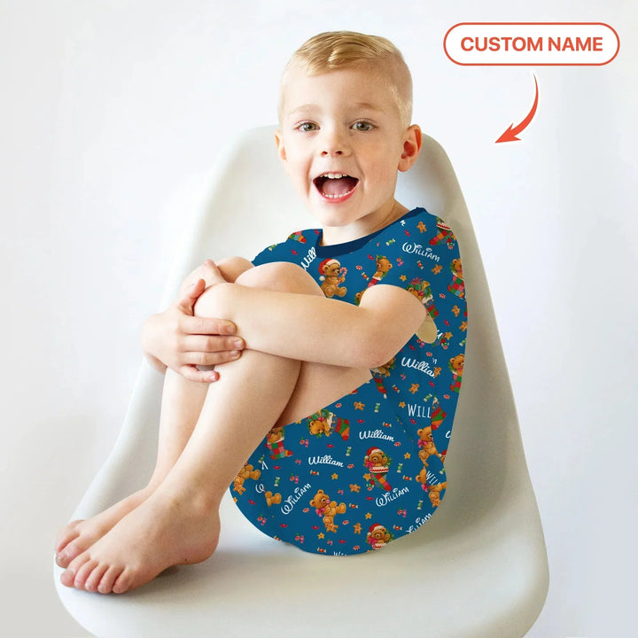 Teddy Bear Merry Christmas Custom Name Two Piece Short Sleeve Shorts Pajama Set , Teddy Bear Merry Christmas Custom Name Two Piece Short Sleeve Shorts Pajama Set - 12-18M
