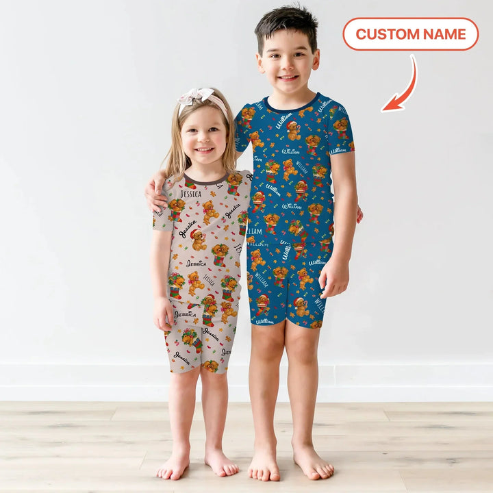 Teddy Bear Merry Christmas Custom Name Two Piece Short Sleeve Shorts Pajama Set , Teddy Bear Merry Christmas Custom Name Two Piece Short Sleeve Shorts Pajama Set - 12-18M