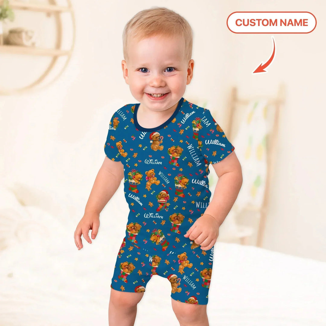 Teddy Bear Merry Christmas Custom Name Two Piece Short Sleeve Shorts Pajama Set , Teddy Bear Merry Christmas Custom Name Two Piece Short Sleeve Shorts Pajama Set - 12-18M