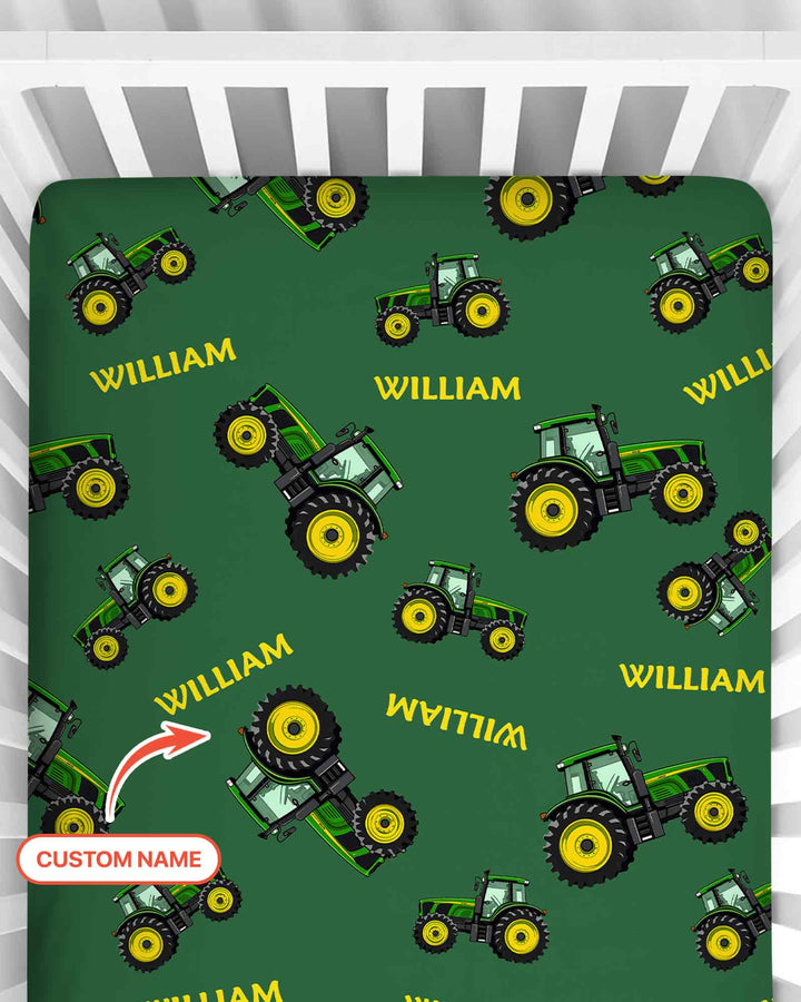 Custom Name Green Tractors Matching Daddy & Me Bamboo Fitted Crib Sheet