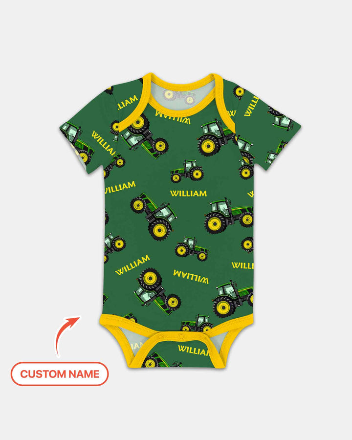 Custom Name Green Tractors Matching Daddy & Me Bamboo Bodysuit